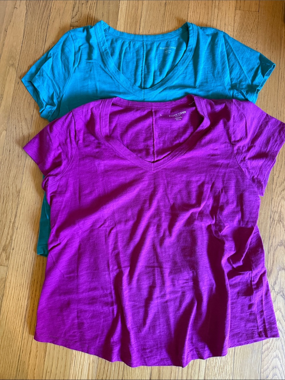 Eileen Fisher Short-Sleeve V-Neck Tee in Magenta and Teal